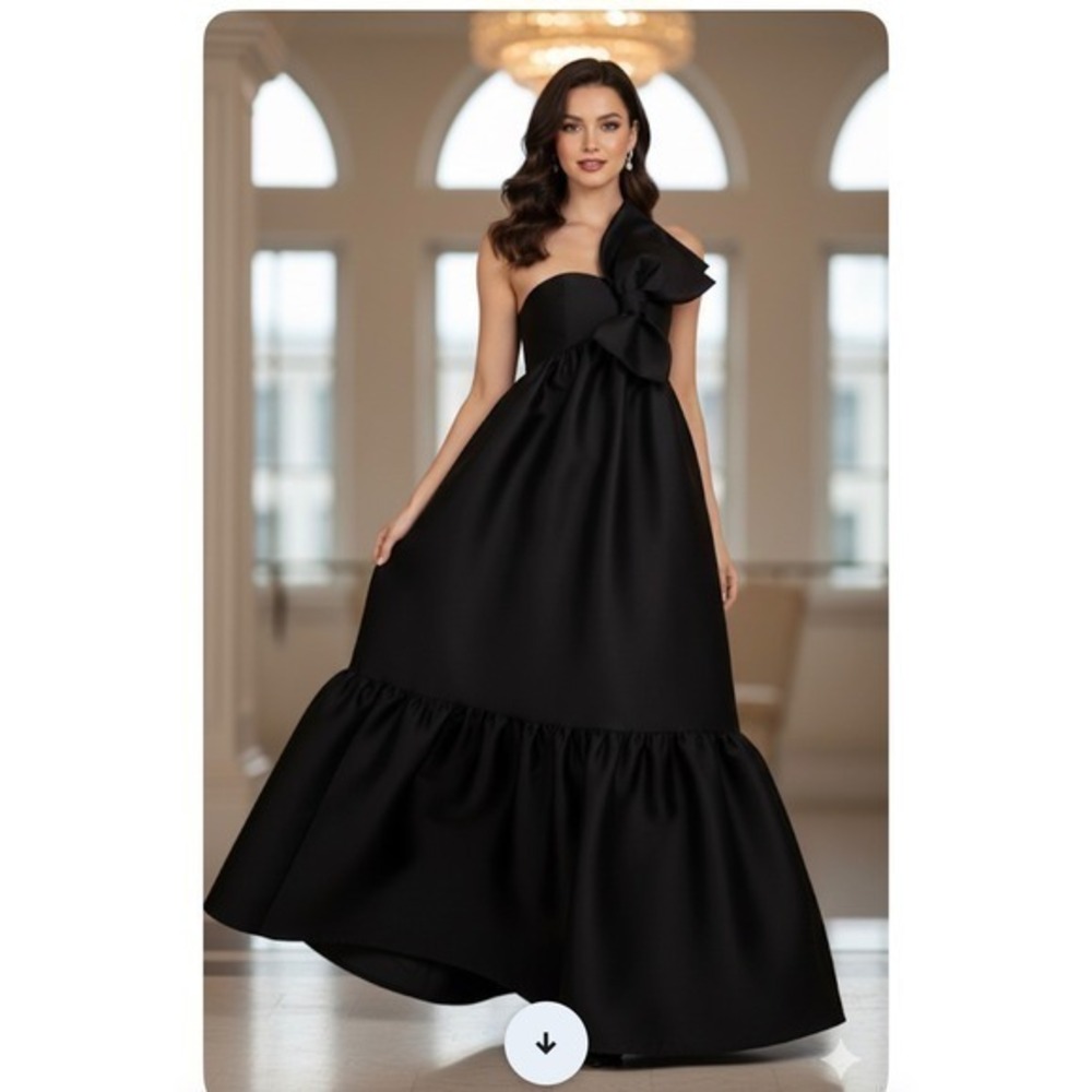 Petal and Pup Bettina Black One Shoulder Bow Maxi Dress Ruffle Hem Formal Size L